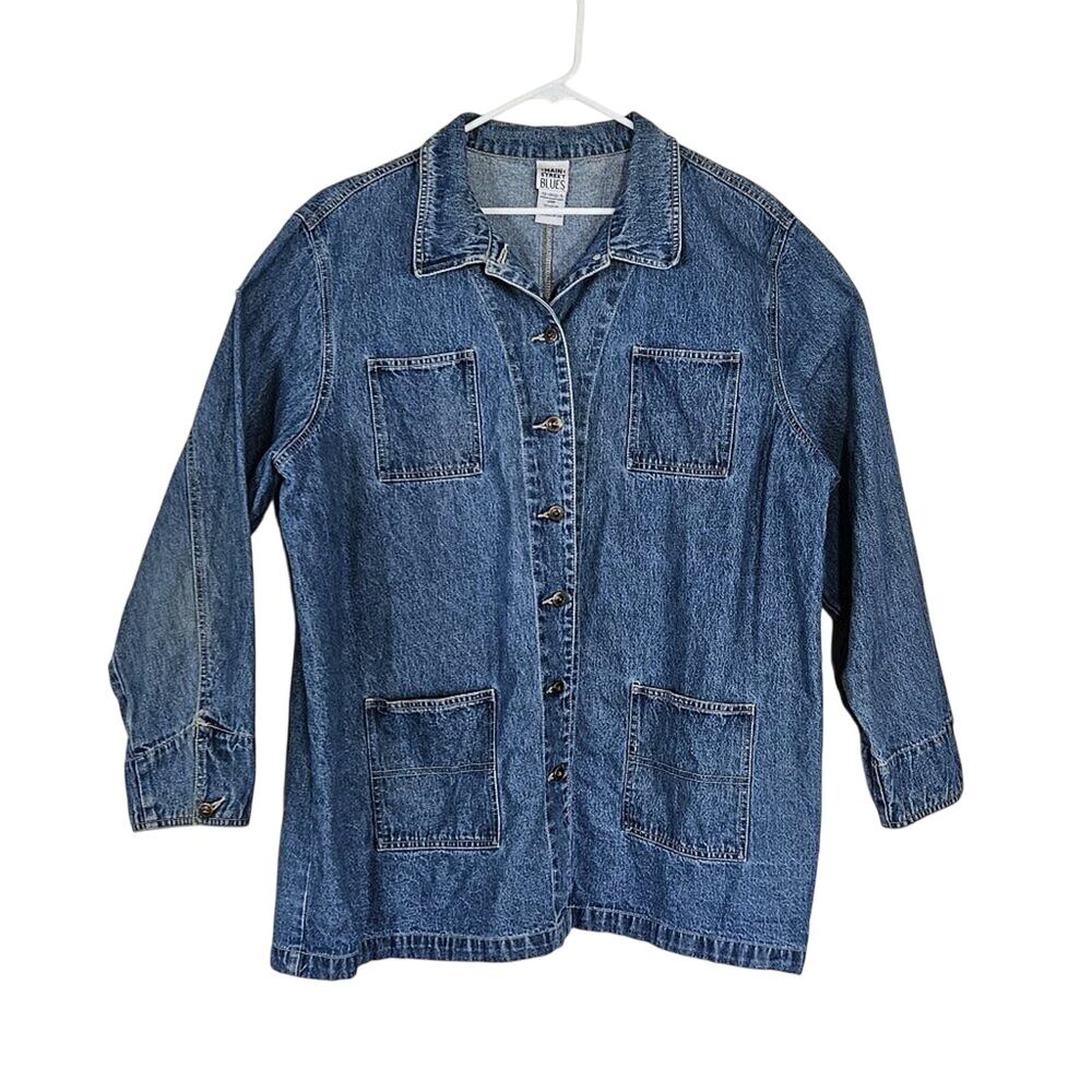 VTG 90s Main Street Blues Oversized Chore Coat Denim Button Down Jacket sz 24W